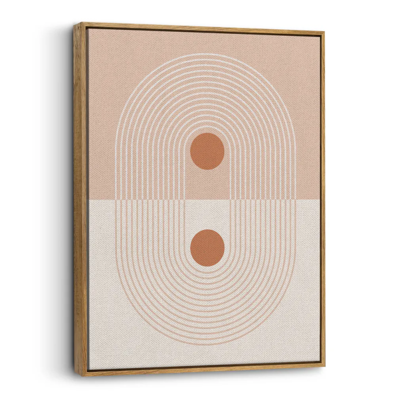 Cuadro en lienzo abstracto con arcos concéntricos en tonos crema y arena, círculos terracota y composición geométrica minimalist
