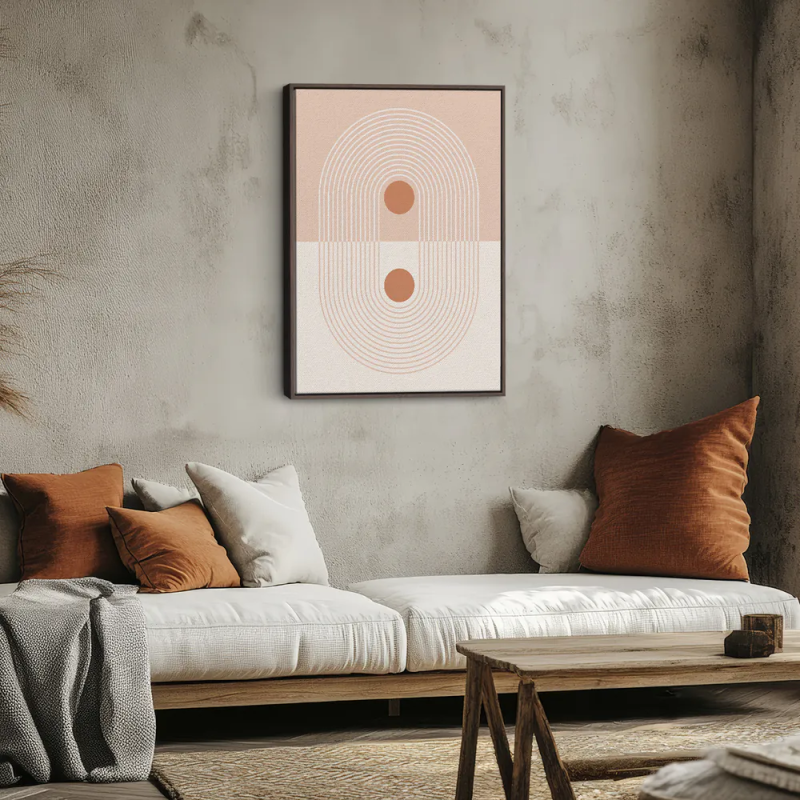 Cuadro en lienzo abstracto con arcos concéntricos en tonos crema y arena, círculos terracota y composición geométrica minimalist