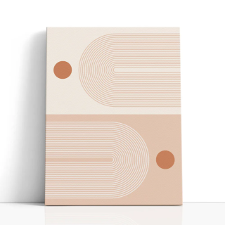 Cuadro en lienzo abstracto con líneas curvas paralelas, círculos terracota y fondo beige de estilo minimalista