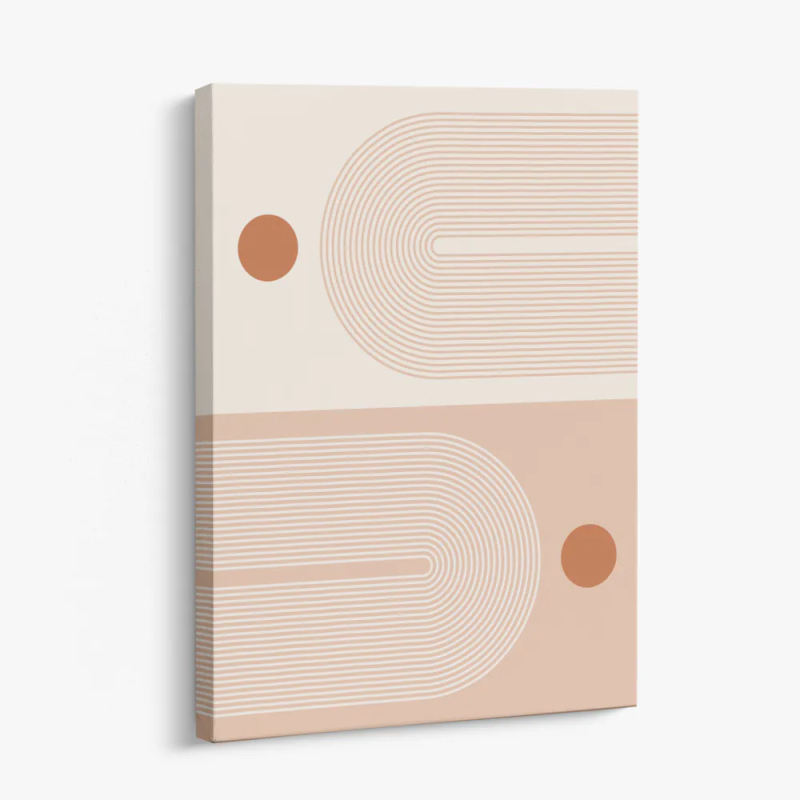 Cuadro en lienzo abstracto con líneas curvas paralelas, círculos terracota y fondo beige de estilo minimalista