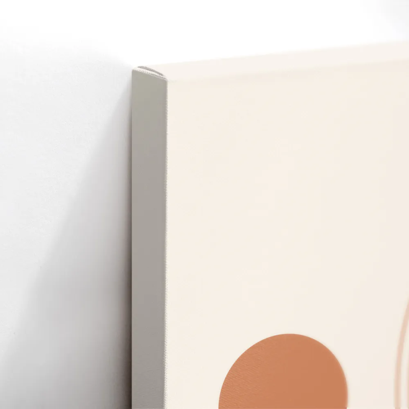 Cuadro en lienzo abstracto con líneas curvas paralelas, círculos terracota y fondo beige de estilo minimalista