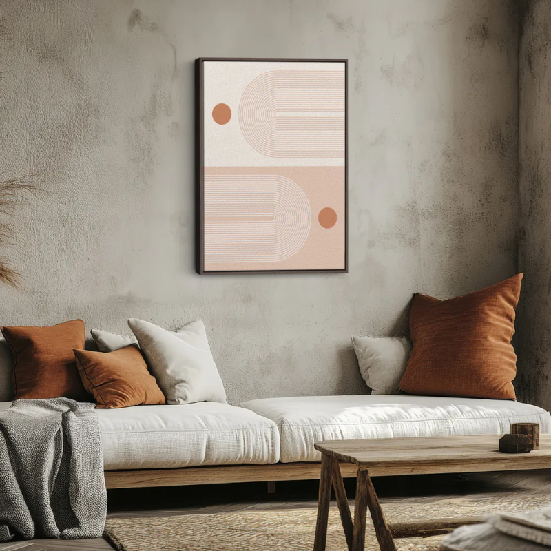 Cuadro en lienzo abstracto con líneas curvas paralelas, círculos terracota y fondo beige de estilo minimalista