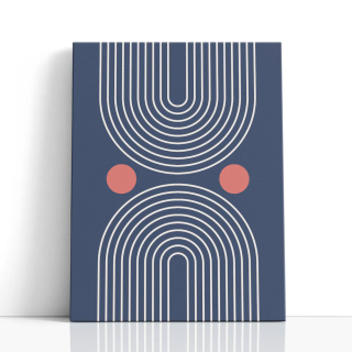 Cuadro en lienzo Órbitas Coral con tonos azul profundo, crema, coral y arcos concéntricos, círculos coral, azul profundo