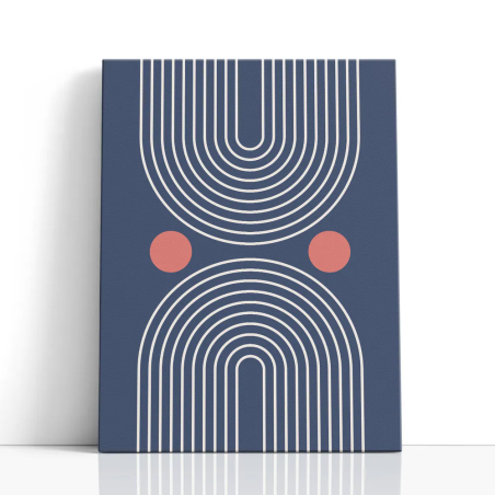 Cuadro en lienzo Órbitas Coral con tonos azul profundo, crema, coral y arcos concéntricos, círculos coral, azul profundo