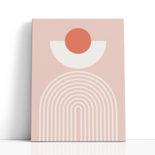 Cuadro en lienzo Sol en Arco Rosa con tonos rosa empolvado, terracota, marfil y círculo terracota, arcos concéntricos, fondo ros