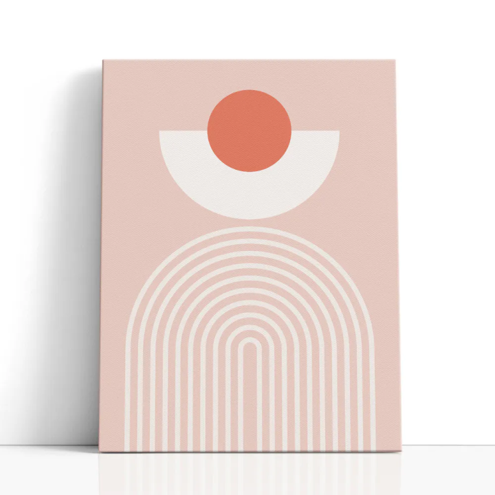 Cuadro en lienzo Sol en Arco Rosa con tonos rosa empolvado, terracota, marfil y círculo terracota, arcos concéntricos, fondo ros