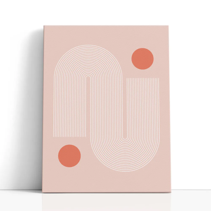 Cuadro en lienzo Arcos Coral con tonos rosa empolvado, coral, blanco y geometría pastel, arcos concéntricos, círculos coral
