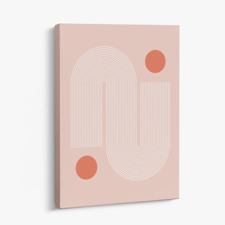 Cuadro en lienzo Arcos Coral con tonos rosa empolvado, coral, blanco y geometría pastel, arcos concéntricos, círculos coral