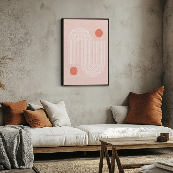 Cuadro en lienzo Arcos Coral con tonos rosa empolvado, coral, blanco y geometría pastel, arcos concéntricos, círculos coral