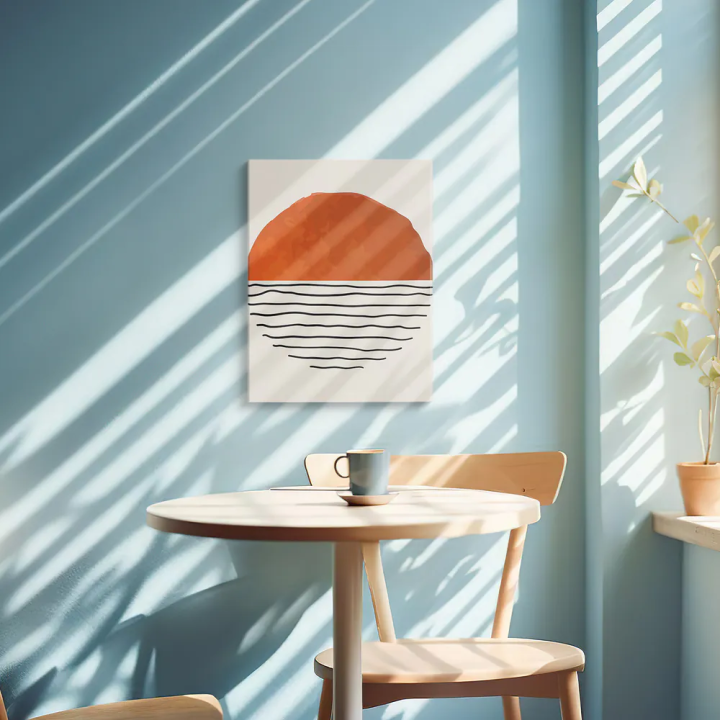 Cuadro en lienzo Línea Terracota con tonos terracota, naranja quemado, beige y horizonte abstracto, forma terracota, líneas ondu