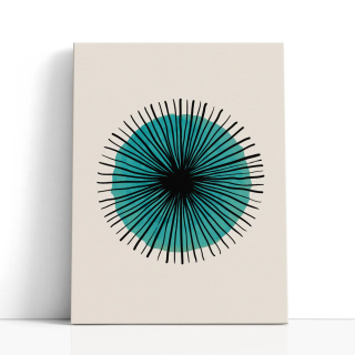 Cuadro en lienzo Sol Turquesa con tonos turquesa, negro, arena y círculo turquesa, radial negro, fondo arena