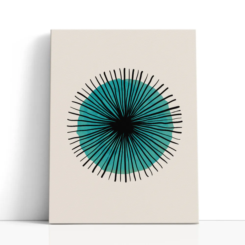 Cuadro en lienzo Sol Turquesa con tonos turquesa, negro, arena y círculo turquesa, radial negro, fondo arena