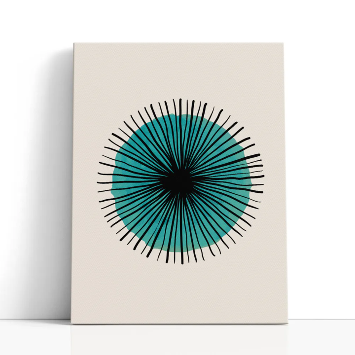 Cuadro en lienzo Sol Turquesa con tonos turquesa, negro, arena y círculo turquesa, radial negro, fondo arena