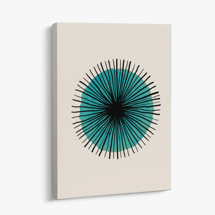 Cuadro en lienzo Sol Turquesa con tonos turquesa, negro, arena y círculo turquesa, radial negro, fondo arena