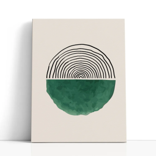 Cuadro en lienzo Anillos Verdes con tonos crema, negro, verde oscuro y líneas concéntricas, verde profundo, fondo crema
