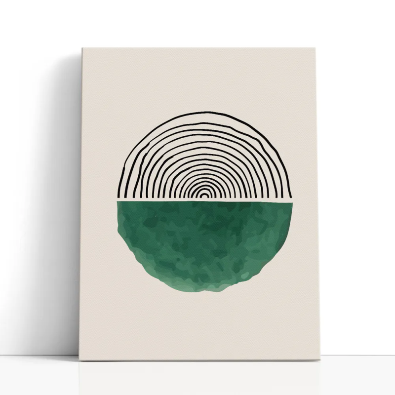 Cuadro en lienzo Anillos Verdes con tonos crema, negro, verde oscuro y líneas concéntricas, verde profundo, fondo crema