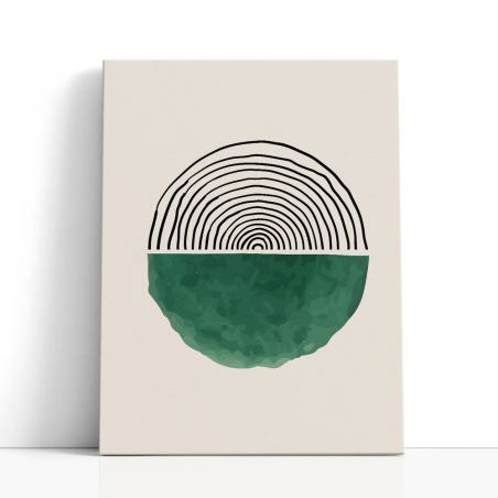 Cuadro en lienzo Anillos Verdes con tonos crema, negro, verde oscuro y líneas concéntricas, verde profundo, fondo crema