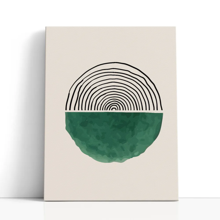 Cuadro en lienzo Anillos Verdes con tonos crema, negro, verde oscuro y líneas concéntricas, verde profundo, fondo crema