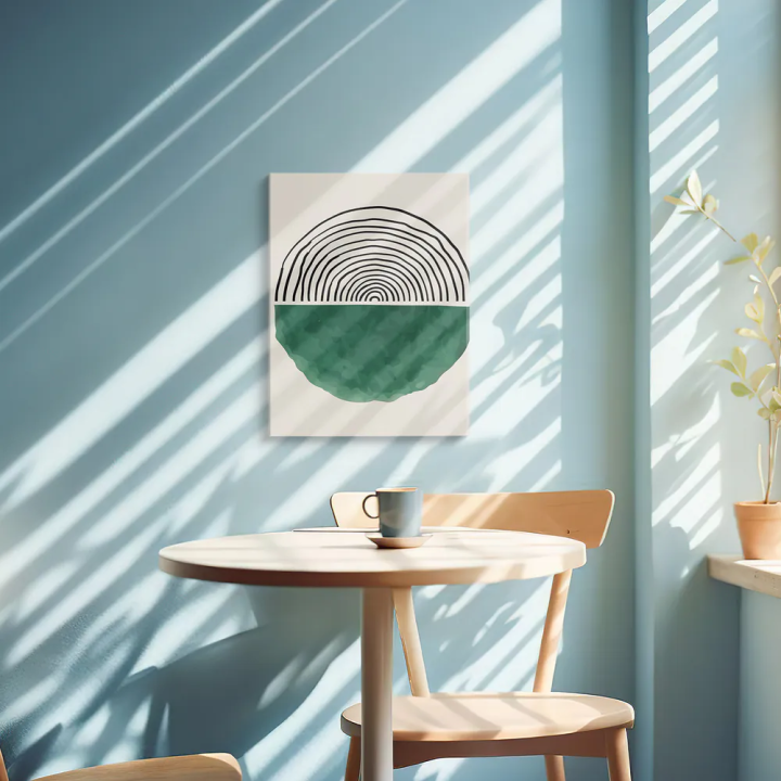 Cuadro en lienzo Anillos Verdes con tonos crema, negro, verde oscuro y líneas concéntricas, verde profundo, fondo crema