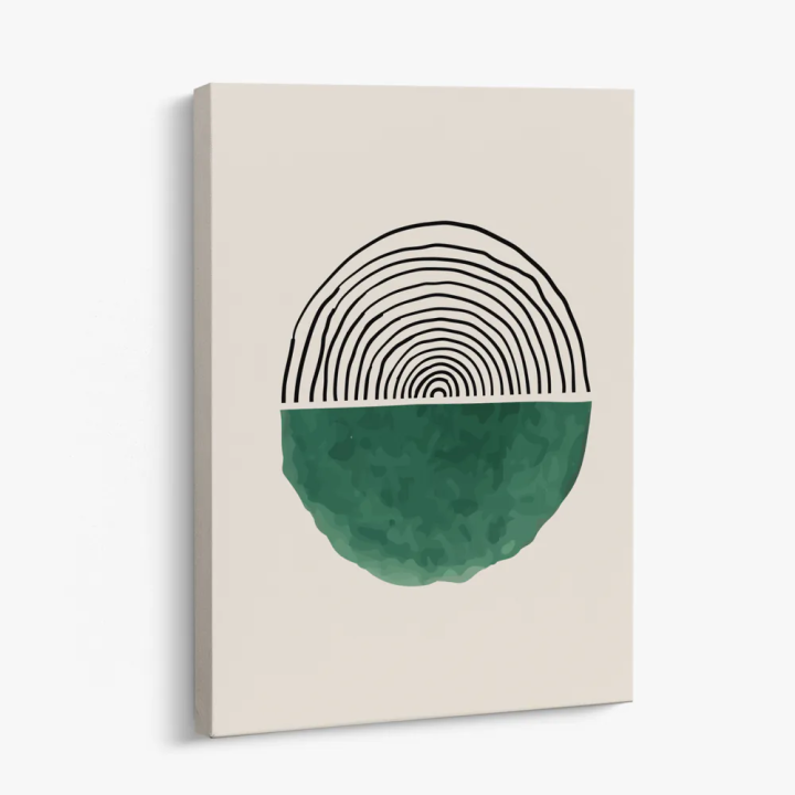 Cuadro en lienzo Anillos Verdes con tonos crema, negro, verde oscuro y líneas concéntricas, verde profundo, fondo crema