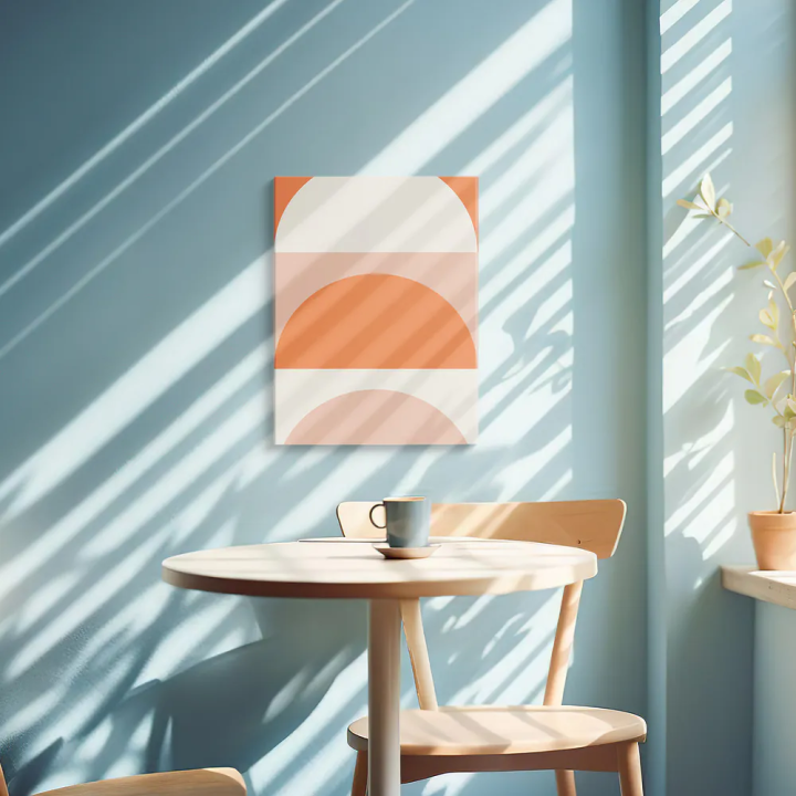 Cuadro en lienzo Horizontes Solares con tonos Naranja, Crema, Durazno y semicírculos solares, geometría cálida, paleta durazno