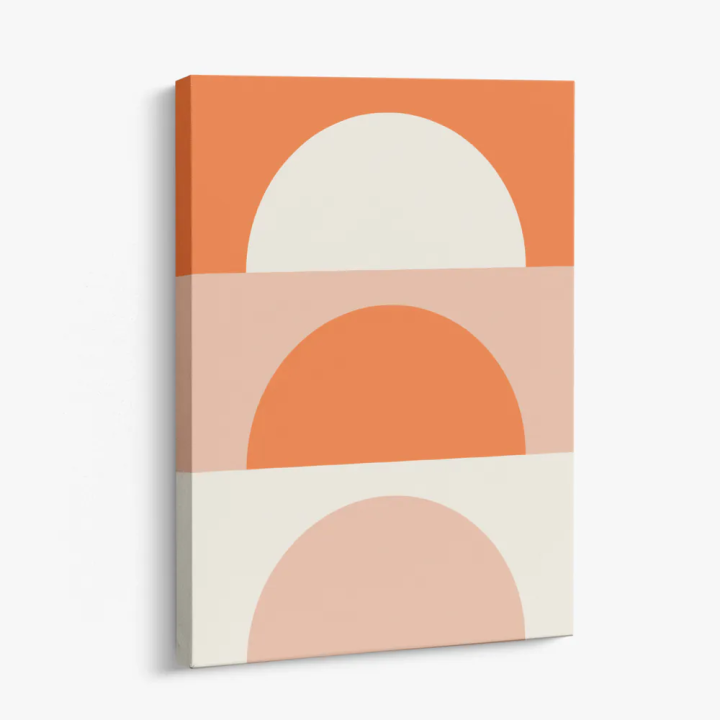 Cuadro en lienzo Horizontes Solares con tonos Naranja, Crema, Durazno y semicírculos solares, geometría cálida, paleta durazno