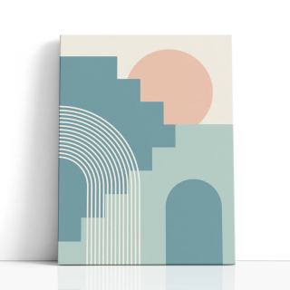 Cuadro en lienzo Arquitectura Pastel con tonos azul verdoso, verde menta, durazno y geometría pastel, arcos blancos, círculo dur