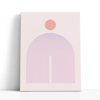 Cuadro en lienzo Sol sobre Arcos Pastel con tonos rosa empolvado, coral, lavanda y sol coral, arcos concéntricos, geometría past