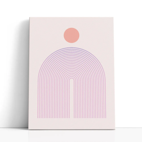 Cuadro en lienzo Sol sobre Arcos Pastel con tonos rosa empolvado, coral, lavanda y sol coral, arcos concéntricos, geometría past