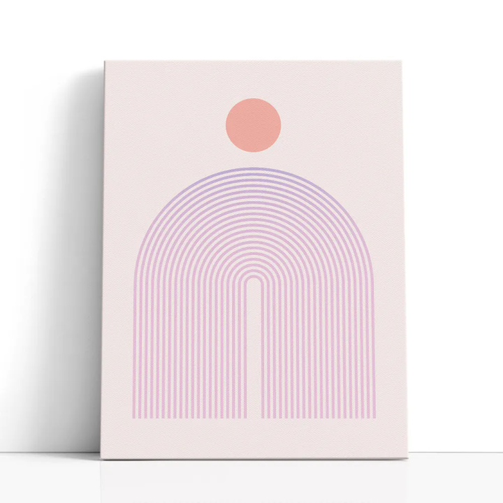 Cuadro en lienzo Sol sobre Arcos Pastel con tonos rosa empolvado, coral, lavanda y sol coral, arcos concéntricos, geometría past