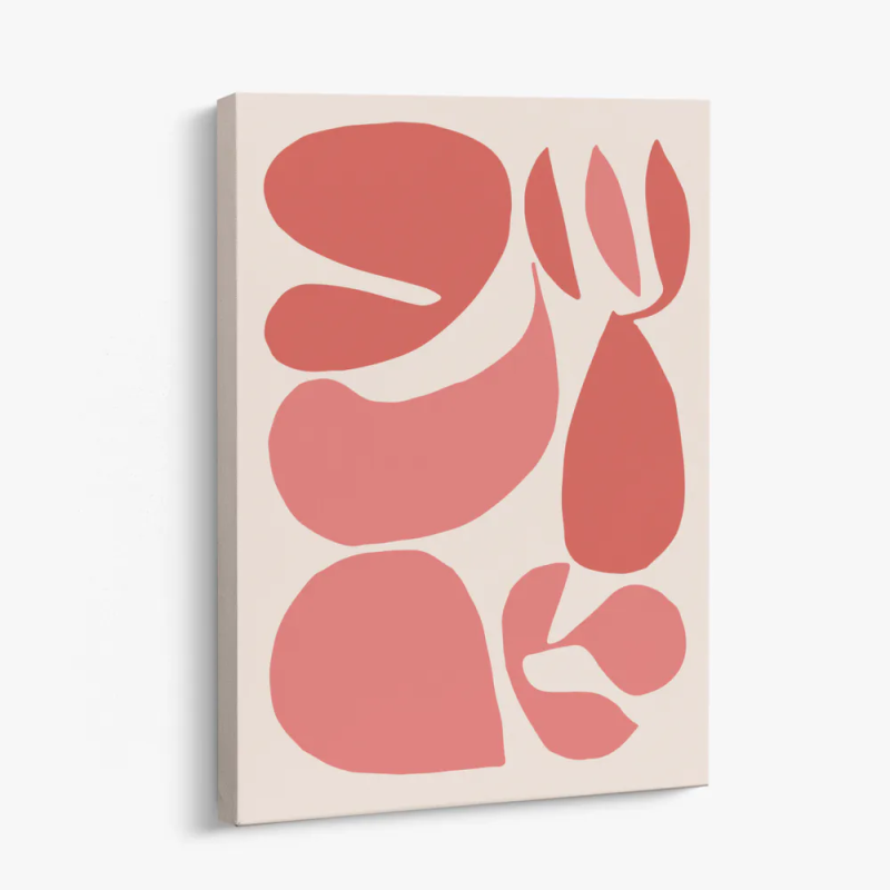 Cuadro en lienzo abstracto con formas orgánicas en tonos coral y salmón sobre fondo crema