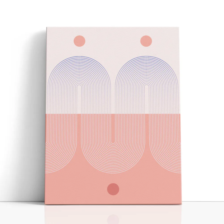 Cuadro en lienzo Arcos al Alba con tonos rosa empolvado, coral, salmón y arcos concéntricos, círculos coral, paleta pastel