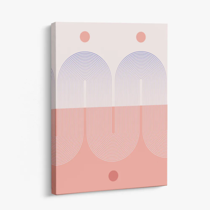 Cuadro en lienzo Arcos al Alba con tonos rosa empolvado, coral, salmón y arcos concéntricos, círculos coral, paleta pastel