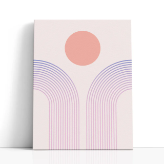 Cuadro en lienzo Sol Pastel con tonos coral, lavanda, marfil rosado y círculo coral, arcos lavanda, geometría pastel