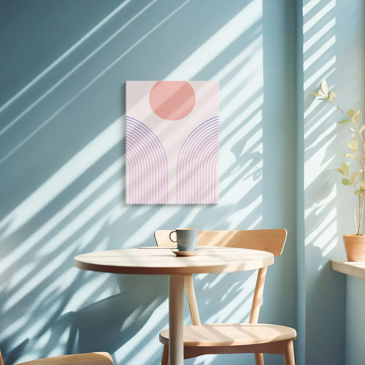 Cuadro en lienzo Sol Pastel con tonos coral, lavanda, marfil rosado y círculo coral, arcos lavanda, geometría pastel