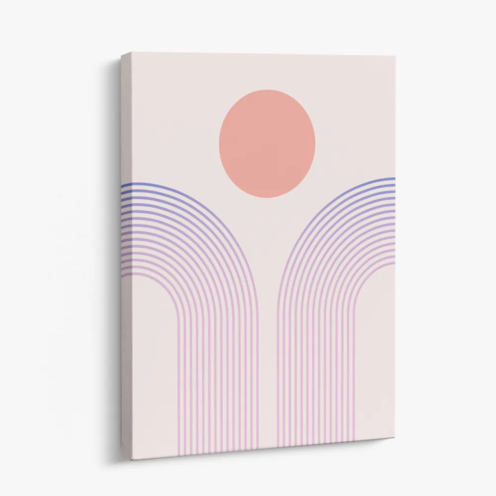 Cuadro en lienzo Sol Pastel con tonos coral, lavanda, marfil rosado y círculo coral, arcos lavanda, geometría pastel
