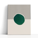 Cuadro en lienzo Esfera entre Líneas con tonos crema, negro, verde oscuro y líneas verticales, esfera verde, fondo crema