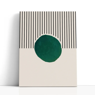 Cuadro en lienzo Esfera entre Líneas con tonos crema, negro, verde oscuro y líneas verticales, esfera verde, fondo crema