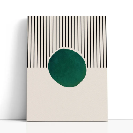 Cuadro en lienzo Esfera entre Líneas con tonos crema, negro, verde oscuro y líneas verticales, esfera verde, fondo crema