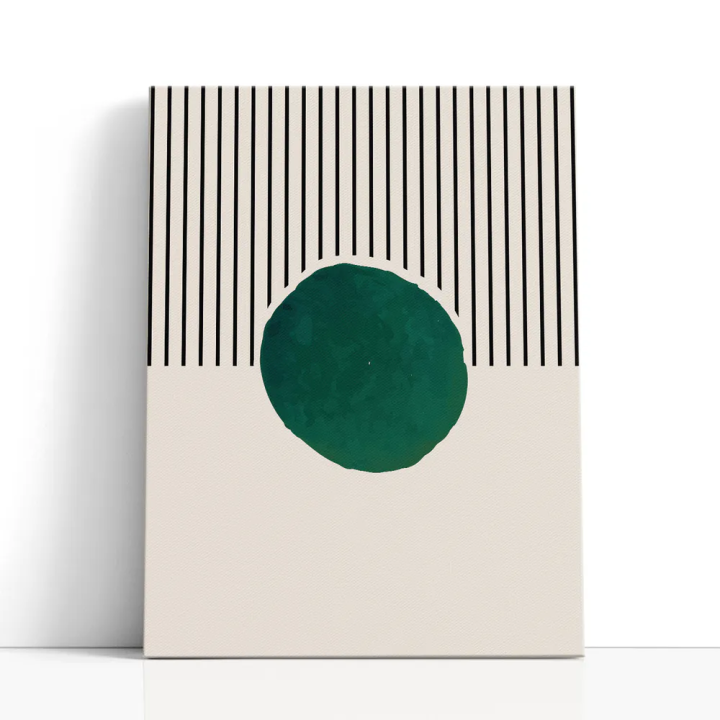 Cuadro en lienzo Esfera entre Líneas con tonos crema, negro, verde oscuro y líneas verticales, esfera verde, fondo crema