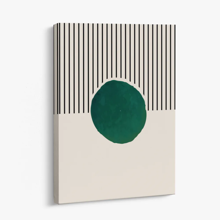 Cuadro en lienzo Esfera entre Líneas con tonos crema, negro, verde oscuro y líneas verticales, esfera verde, fondo crema