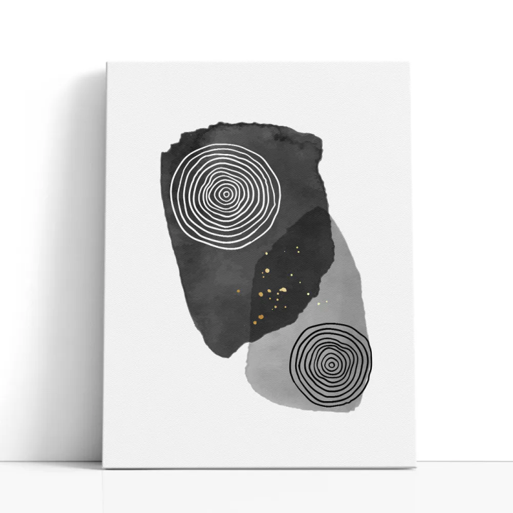 Cuadro en lienzo Anillos de Grafito con tonos negro, gris carbón, gris claro y anillos concéntricos, grafito oscuro, formas orgá