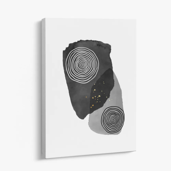 Cuadro en lienzo Anillos de Grafito con tonos negro, gris carbón, gris claro y anillos concéntricos, grafito oscuro, formas orgá