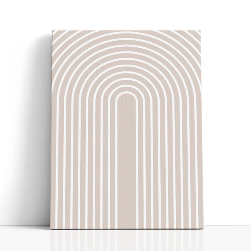 Cuadro en lienzo Arcos de Arena con tonos beige, blanco, arena y arcos concéntricos, líneas blancas, beige arena