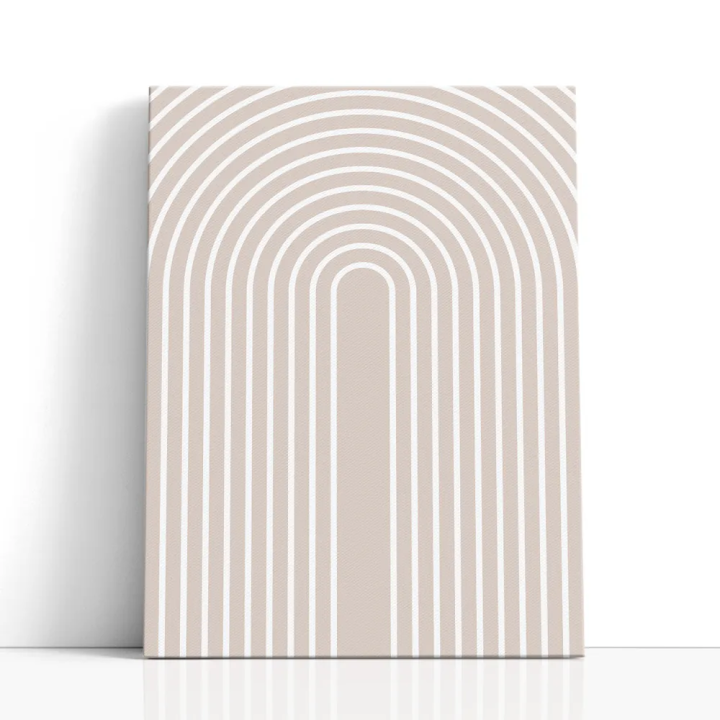 Cuadro en lienzo Arcos de Arena con tonos beige, blanco, arena y arcos concéntricos, líneas blancas, beige arena