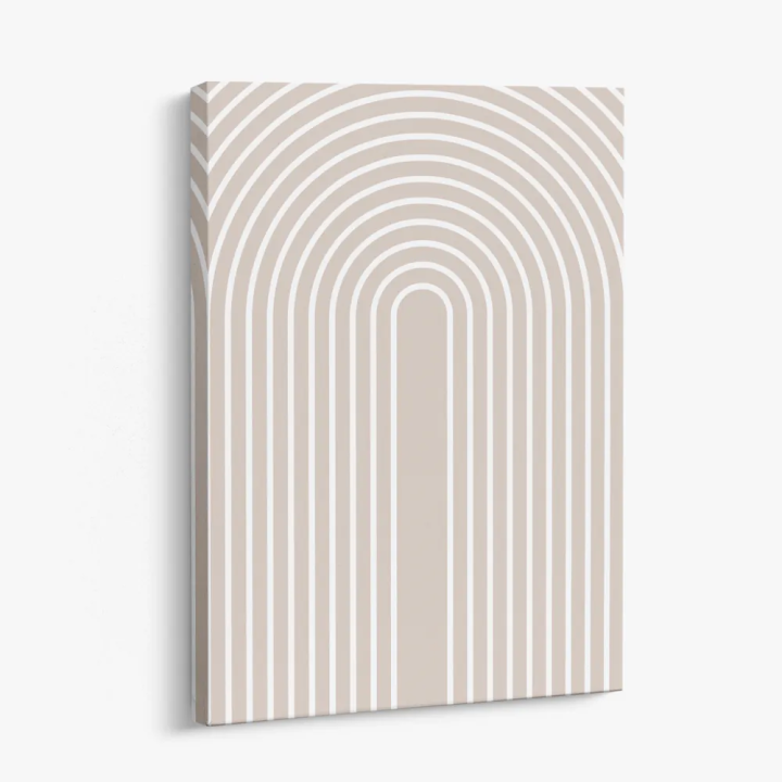 Cuadro en lienzo Arcos de Arena con tonos beige, blanco, arena y arcos concéntricos, líneas blancas, beige arena