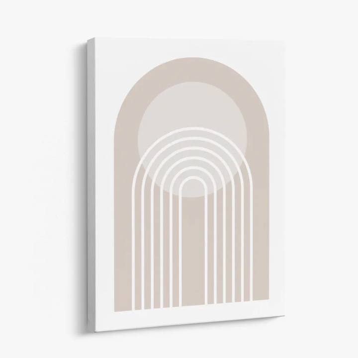 Cuadro en lienzo Línea Beige con tonos beige, arena, blanco y arcos concéntricos, geometría beige, líneas blancas