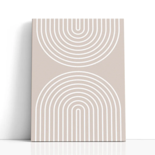 Cuadro en lienzo Vuelo Beige con tonos beige arena, blanco cálido, greige y arcos concéntricos, líneas blancas, paleta arena