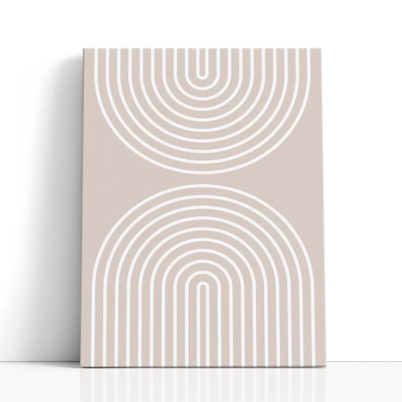 Cuadro en lienzo Vuelo Beige con tonos beige arena, blanco cálido, greige y arcos concéntricos, líneas blancas, paleta arena