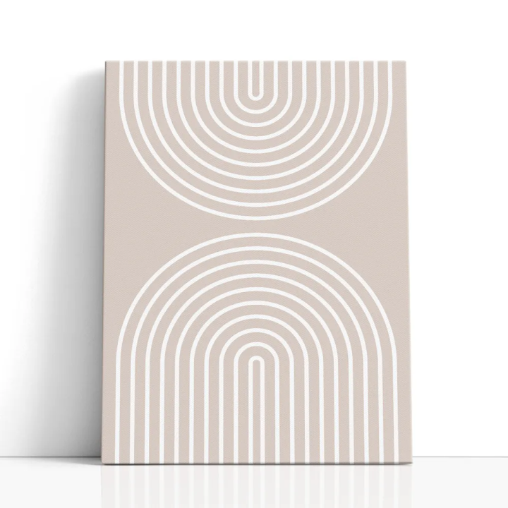 Cuadro en lienzo Vuelo Beige con tonos beige arena, blanco cálido, greige y arcos concéntricos, líneas blancas, paleta arena